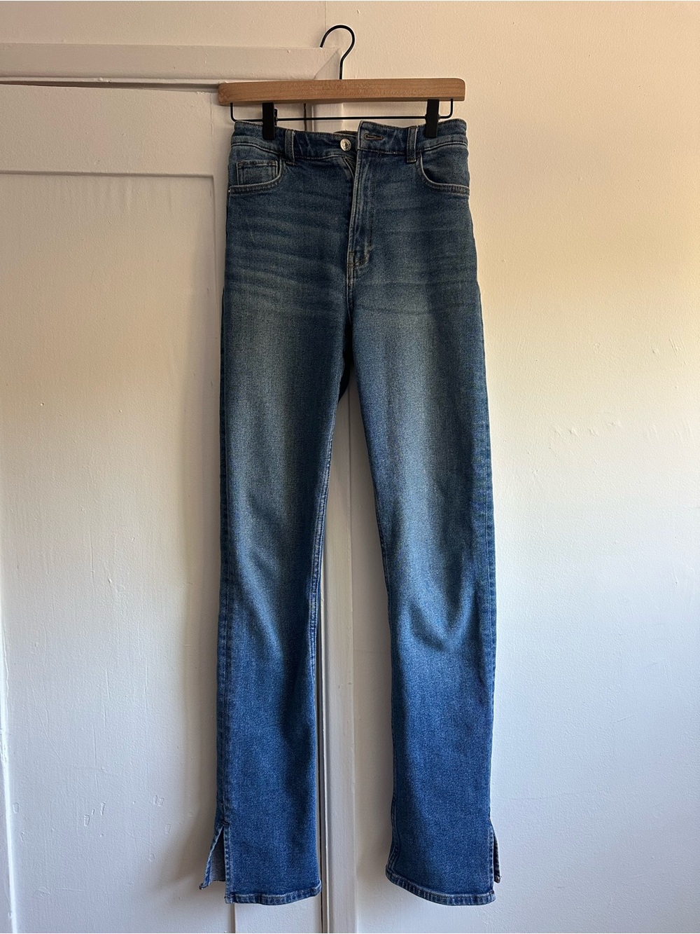 Bershka High-Waist Medium Blue Denim Jeans Split Hem